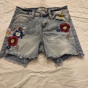 Indigo Rein Light Blue Embroidered Floral Frayed Hem Jean Shorts